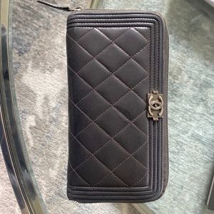 Chanel Boy Long Zipped Wallet in Dark Grey with Gunmetal hardware